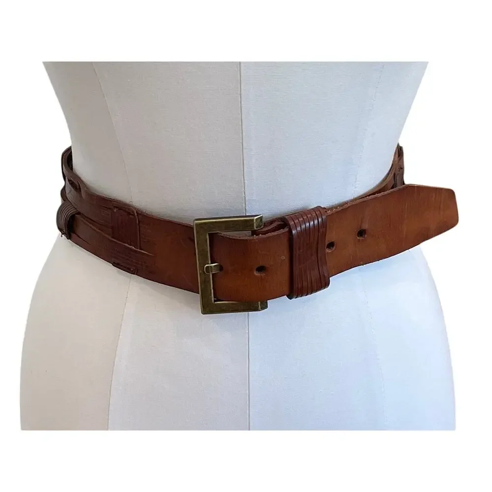 Braided / Woven Leather Belt, Brass Buckle, Unisex, Western, Boho, Size Small